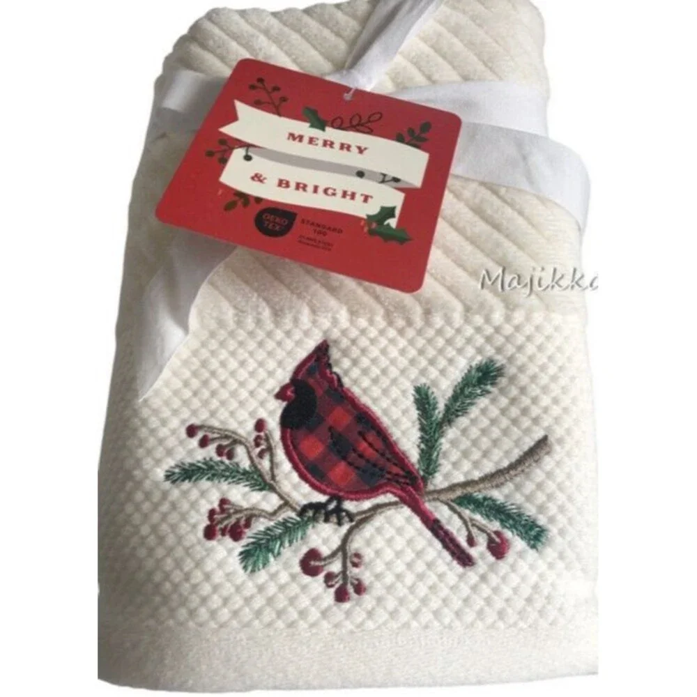 Cardinal Christmas Hand Towels Set of 2 Embroidered Buffalo Plaid Merry Bright